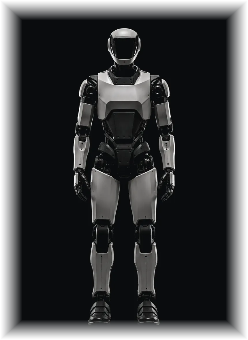 Robot humanoïde vu de face, panneaux graphite et blanc cassé